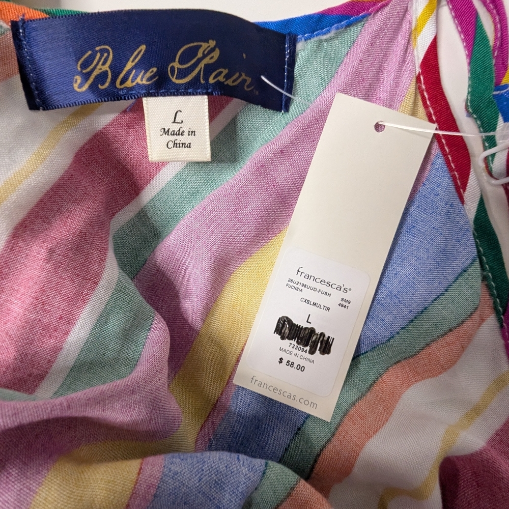 SEE DETAILS - NWT Francesca's Blue Rain Large Rainbow Dress w/ Belted Waist Tie - Picture 5 of 16